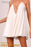 Yipinpay Womens Casual Chain Suspender Short Dress Fashion Solid Color Hollow V-Neck A-Line Dress Party Club Street Style S-XL
