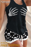 Yipinpay Skull Rose Print Drawstring Pajamas Set 2023 summer women's two piece sets female suit
