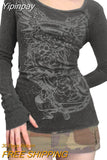 Yipinpay Women Gothic T-shirts Fall Winter 2023 Vintage Top y2k Clothing Graphic Fairy Grunge Aesthetic Long Sleeve Top Streetwear