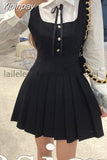 Yipinpay Ruched Mini Dress Shirt Puff Long Sleeve Lolita Vestidos Cortos A-Line Kawaii Party Black Korean Cute 2023 Spring Fall