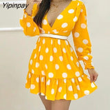 Yipinpay Women V-Neck Plunge Polka Dots Shirring Design Ruched Ruffles Casual Dresss Summer Dress Mini Elegant Dress