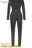 Yipinpay Women Sexy Hollow Out Jumpsuit Romper Spring Fall Sexy Solid Color Turtleneck Long Sleeve Overalls with Release Buckle Design