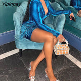 Yipinpay Women Solid Elegant Deep V Neck Long Sleeves Tassels Mini Flannel Bodycon Party Dress