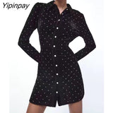 Yipinpay 2023 Autumn Women Velvet Mini Dresses Elegant Turn Down Collar Single Breasted Dresses Vintage Simple Long Sleeve Vestidos