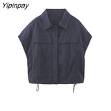 Yipinpay Fashion 2023 Summer Solid Blouse Pants Sets Casual Short Sleeve Turn Down Collar Shirts Pockets Cargo Pants Outwear