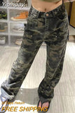Yipinpay Baggy Vintage Camouflage Green Women's Cargo Pants High Wist Straight Casual Korean Fashion Jeans Bottoms Denim Trousers