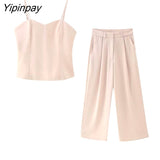 Yipinpay Women Fashion Feathe Sleeve Blazer Suit Set 2023 Solid Color Single Button Jackets Loose Wide Leg Pants Костюм Mujer