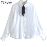 Yipinpay Sweet Ladies Bow Solid Blouses 2023 Spring Autumn Casual Turn Down Collar Long Sleeved Tops Single Breasted T-Shirts
