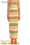 Yipinpay Vintage Geometric Print Knitted Long Dress Elegant Women Spaghetti Straps Wrap Pencil Dress Backless Sling Sundress