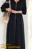 Yipinpay Hooded Zip Sweatshirt Dress Long Casual Cloth 2023 Dress for Women Wild Black Grey High Waist Swing Maxi Sweater Vestidos
