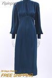 Yipinpay Turtleneck Elegant Women Office Dresses Satin Lace-Up Drape Dress Flowing Vintage Navy Midi Dress Office Ladies 2023