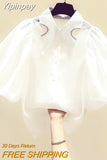 Yipinpay Collar Hong Kong Style Diamond Lantern Sleeve Blouse Women White Shirts Camisas Casual Top Blusas Puff Short Sleeve Shirt