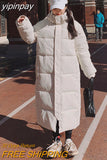 yipinpay Womens Parka Length Jacket Baggy Winter Thicken Warm Korean Fashion Casual Mom Hooded Oversized Puffer Coat Bubble Outwear