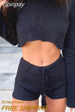 Yipinpay Pieces Women Trendy Knit Outfit Solid Color Stripe Off Shoulder Crop Tops + Elastic Waist Shorts Set For Ladies Fashion S M L