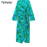 Yipinpay 2023 Women Printed Folds Mid-Calf Dresses Elegant Female Beach Style Slim Party Vestidos Long Sleeved Dresses Soft Outwear