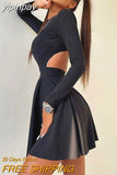 yipinpay Sleeve Dress Pleated Party Dress Black Bodycon Dress Autumn Winter Cut Out Streetwear Chrismas Clothes Backless Mini Dress