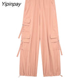 Yipinpay Fashion Women Solid Cargo Pants 2023 Summer Fashion High Street Female Causal Pants Elastic Waist Pockets Long Trousers