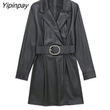 Yipinpay 2023 Women Notched PU Leather Mini Dress Autumn Winter Fashion Office Lady Long Sleeve Blazer Style Elegant Vestidos