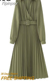 Yipinpay Pleated Long Dresses For Women Green Shirt Dress Woman Long Sleeve Midi Dresses Autumn Winter 2023 Women's Elegant Dress