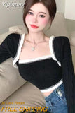 Yipinpay Crop Top Strapless Camisole 2 Piece Sets Korean Clothes V Neck White Knitted Cardigan Jacket Twist Sweater Argyle Shawl
