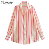 Yipinpay 2023 Women Striped Blouses Shirt Causal Loose Turn Down Collar Long Sleeved Tops Single Breasted T-Shirts Spring Autumn