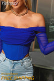 Yipinpay sale! Summer Corset Top Women Y2k Tops Blue Boycon Crop Top Off The Shoulder Sexy Mesh Top Outfits Girl Party Clubwear