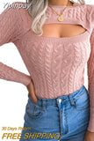 Yipinpay Winter Cutout Knit Sweaters Clothes for Women 2023 2023 Vintage Long Sleeve Cable Knit Round Neck Slim Cropped Sweaters