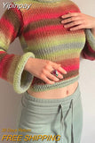 Yipinpay Vintage Rainbow Striped Knitted Sweaters Autumn Winter Crimping Long Sleeve Cropped Pullovers Jumpers Streetwear Chic Women
