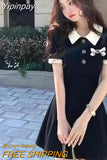 Yipinpay Sweet Bow Dress Women Fashion Preppy Style High Waist Mini Dress Summer Buttons Turn Down Collar All Match Black Dress