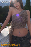 yipinpay Summer Casual Beach Off Shoulder 90s Y2K Club Irregular Crop Tops Women Streetwear Ruffles Sexy Slim Top 2023 Tank Tops