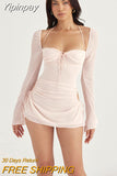 Yipinpay New Summer Long Sleeve Bodycon Dress Square Collar Mini Mesh Dress Lovely Birthday Party Pink Outfits Dropshipping