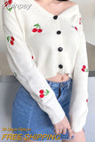 Yipinpay Neck Cropped Cardigan Embroidered Cherry Sweater Feminino Kawaii Long Sleeve Top Pull Femme Y2k Sueter Mujer Knit Coat