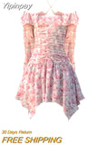 Yipinpay Shoulder Floral Y2k Mini Dress Woman French Elegnat Short Party Dress 2023 Summer Casual Sweet Sexy One Piece Dress Korean
