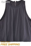 Yipinpay TRAF Fashion 2023 Summer Tops for Women Chic Black O-Neck Sleeveless Top Female Casual Loose with Zipper Fly Tops New In