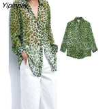 Yipinpay Women Leopard Print Blouses Shirt 2023 Summer Causal Long Sleeve Tops Vintage Turn Down Collar Single Breasted T-Shirts