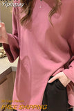 Yipinpay Loose Oversized T-shirt Female Long Sleeve Casual Vintage Split Tops Woman Spring Autumn BF Cotton Plain T Shirt Women