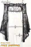 Yipinpay Goth Long Sleeve Smock Vintage Black Lace One Shoulder Grudge Aesthetic Overall Y2K Luxury Coquette Party Sexy Top