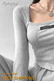 Yipinpay Style Brown Cropped Top Women Fashion Skinny Sexy Long Sleeve T Shirts Female Casual Square Neck Tees