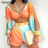 Yipinpay Women Chic Crop Top Gradient Colour Lace Up Long Asymmetrical Sleeves Mini Sexy Sweat Short Sets
