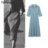 Yipinpay 2023 Women Solid Pleated Shirt Dresses Summer Elegant Turn Down Collar Mid-Calf Dresses A-line Long Sleeve Vestidos