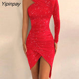 Yipinpay Women Glitter Glamorous One Shoulder Asymmetrical High Silt Bodycon Midi Sexy Formal Party Red Dress