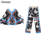 Yipinpay Women's Suit Batwing Sleeve Blouse With High Wasit Pants 2 piece Sets 2023 Womens Outfits Loose Elegant Office Ladies Sets