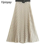 Yipinpay Women Summer Fashion Geometric Skirts Sets With Belt 2023 Female Elegant Single Breasted Shirts Mid-Calf A-Line kirts