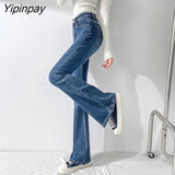 Yipinpay Thicken Velvet Warm Denim Flare Pants Stretch High Waist Casual Winter Plush Bell Bottom Jeans Woman