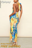 Yipinpay Floral Printed Halter Dress Women Fashion Lace Up Backless Midi Dresses Elegant Chic Female Holiday Party Maxi Vestidos