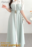 Yipinpay Chic French Korean Single-breasted Midi Dress Women Sashes Elegant Short Sleeve Office Ladies Shirt Dresses Khaki Blue