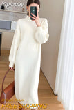 Yipinpay White Knitted Long Dress Women Autumn Vintage Half High Collar Warm Sweater Dress Korean Casual Chic Evening Y2k Dress