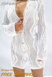 yipinpay Long Sleeve Hollow Out Sexy Club Fashion Women Knitted Cardigan Dress 2023 Casual Beach Wrap Mini Y2K Party Shirt Dress