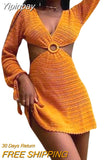Yipinpay Crochet Beach Dress Solid Color/ Striped Backless Bikini Cover Ups V-Neck Long Sleeve Short Dress Elegant Party Club