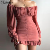 Yipinpay Women Dress Off Shoulder Ruched Bell Sleeve Ruffles Mini Bodycon Dress Sexy Party Dress